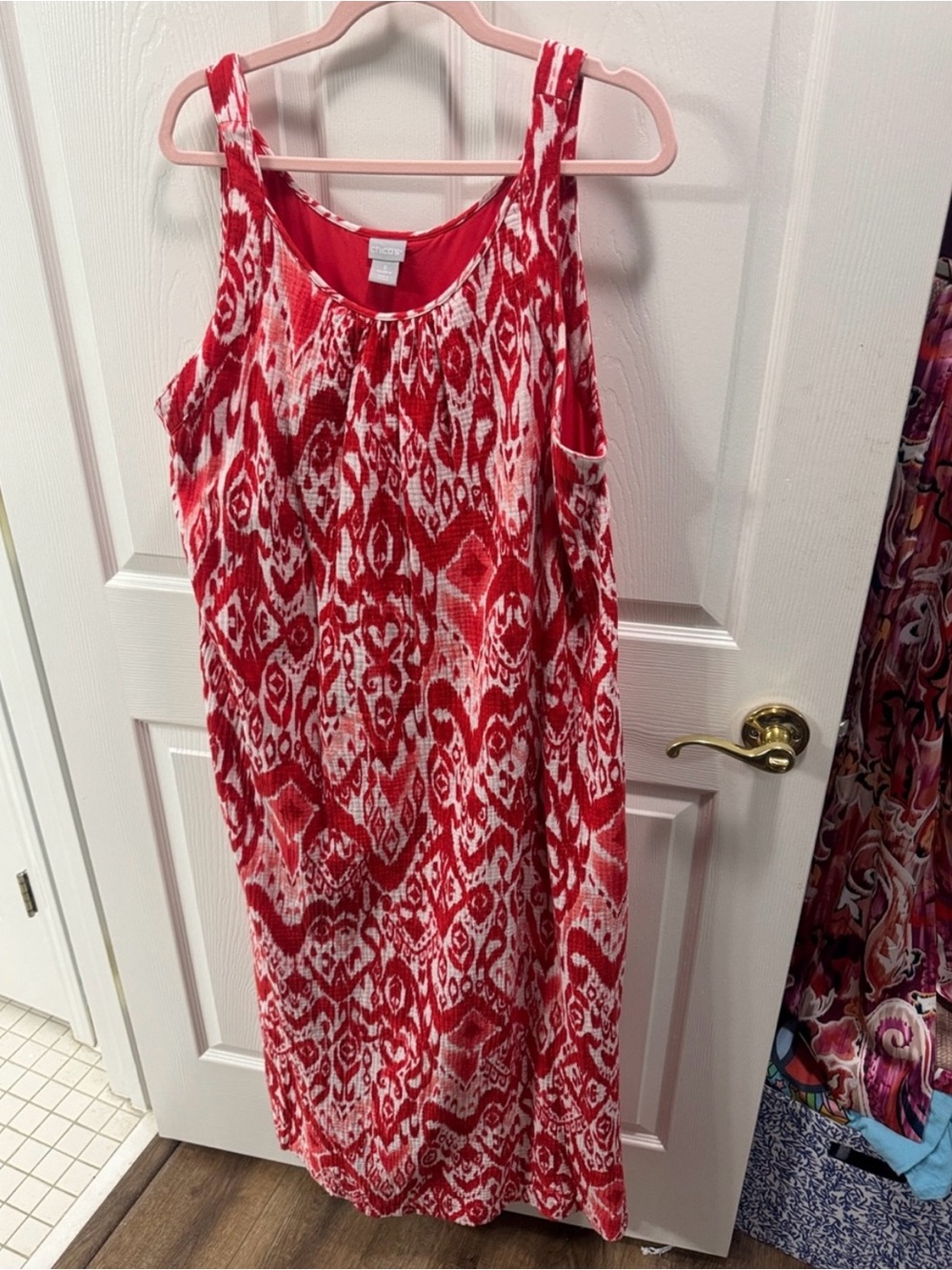 Chico’s Size 3 XL 16/18 Red White Ikat Cotton Sleeveless Maxi Dress
